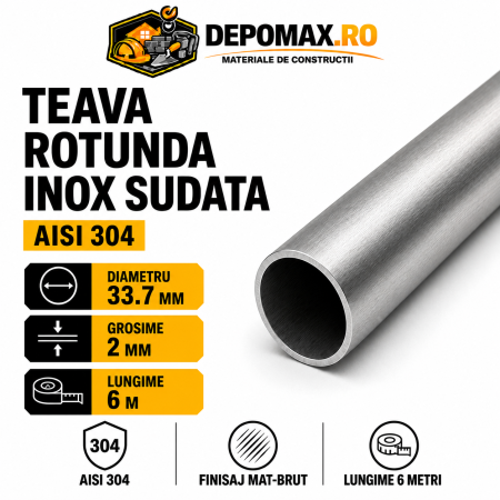 Teava rotunda inox sudata AISI 304, 33.7 x 2 mm, 6 metri